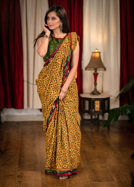 HAND BLOCK PRINTED YELLOW AJRAKH SAREE