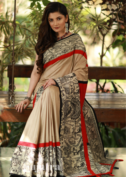 EXCLUSIVE BEIGE SEMI SILK SAREE WITH MADHUBANI PRINTED BORDER