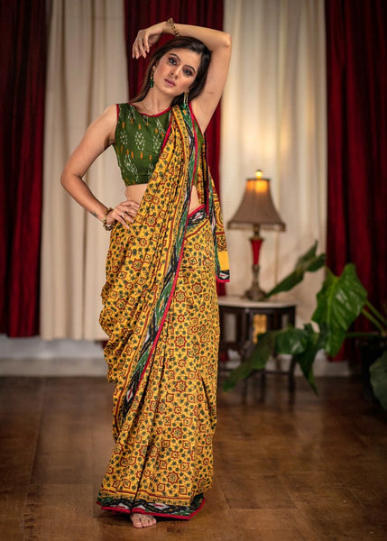 HAND BLOCK PRINTED YELLOW AJRAKH SAREE