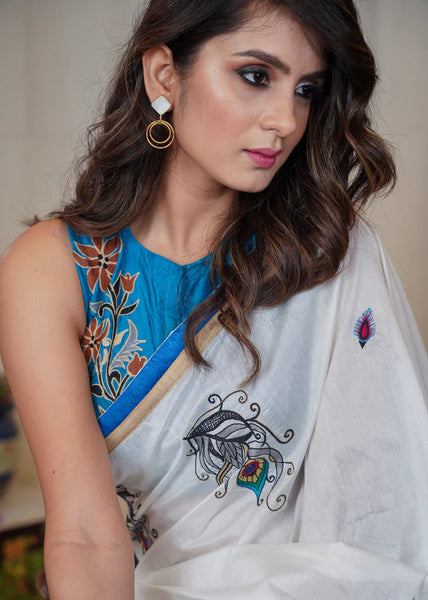 WHITE COTTON SAREE WITH BEAUTIFUL PEACOCK FEATHER MOTIF