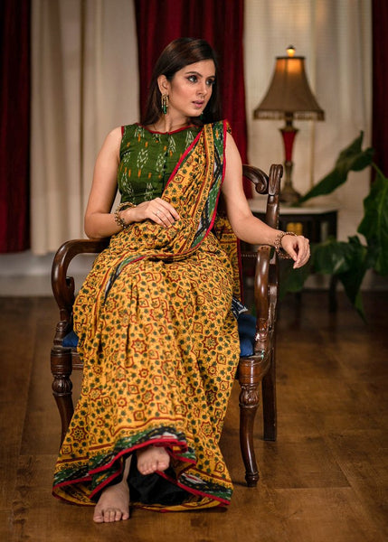 HAND BLOCK PRINTED YELLOW AJRAKH SAREE