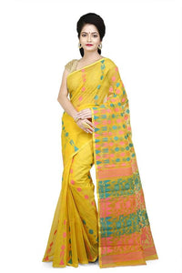 Yellow with Aqua and Link Pink Motifs Fancy Dhakai Jamdani Sari