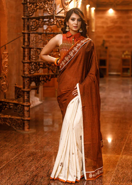 RUST & OFFWHITE COMBINATION COTTON SAREE WITH EMBROIDERED MOTIFS