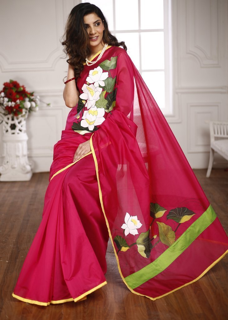 HAND PAINTED PINK CHANDERI SAREE