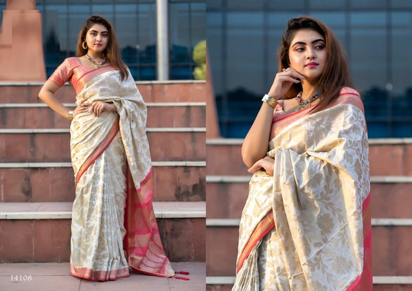 Soft Handloom Blended Silk Saree in Red and White with Golden Floral Print