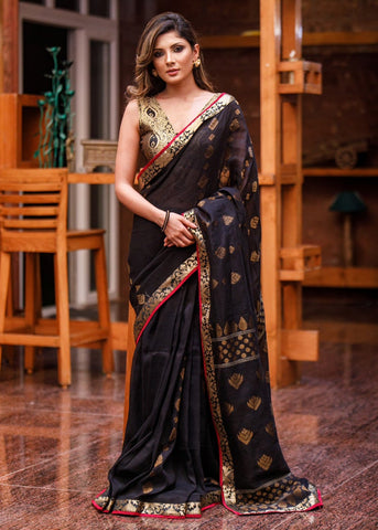 BLACK LINEN JAMDANI WORK SAREE BENARASI BORDER