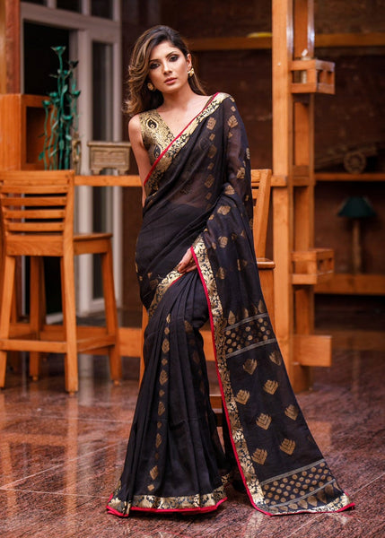BLACK LINEN JAMDANI WORK SAREE BENARASI BORDER