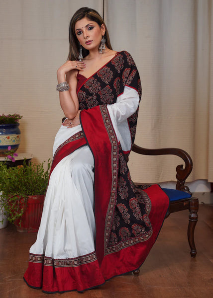 WHITE CHANDERI SAREE WITH AJRAKH PALLU AND MAROON COTTON SILK BORDER