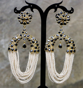 Gold Plated Black Stone Earrings with White Pearls