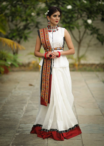 IKAT & CHANDERI COMBINATION SAREE WITH KUTCHI MIRROR WORK BORDER