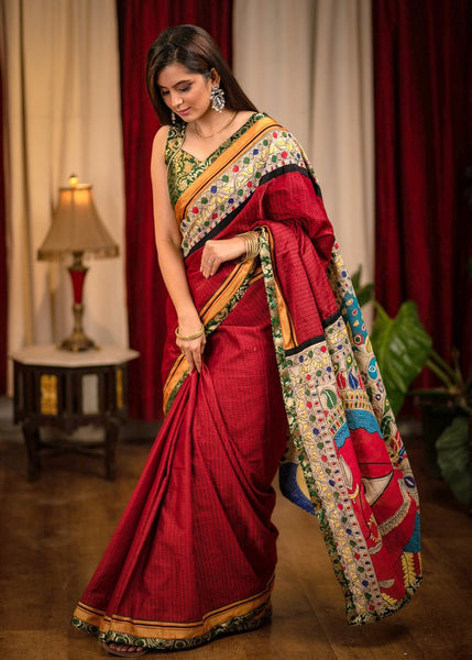 MAROON KHUN SAREE WITH HAND PAINTED MADHUBANI PALLU AND BORDER