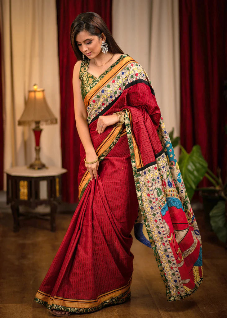 MAROON KHUN SAREE WITH EXCLUSIVE HAND PAINTED MADHUBANI PALLU AND BORDER