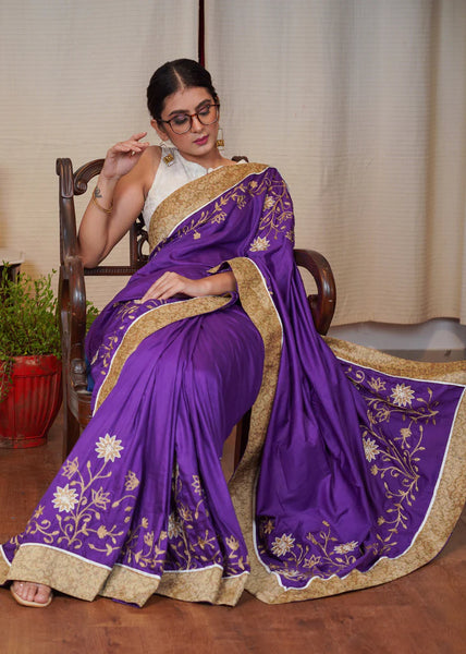 PURPLE ASSAM SILK SAREE WITH DELICATE EMBROIDERY AND GOLDEN BANARASI BORDER