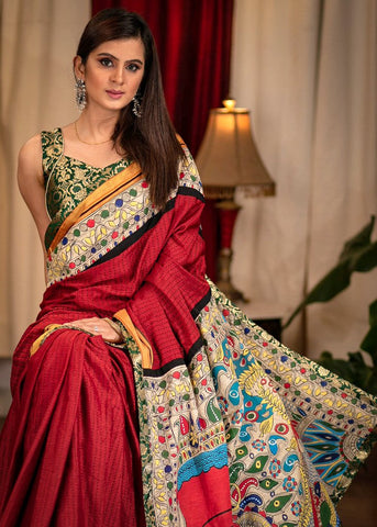 MAROON KHUN SAREE WITH HAND PAINTED MADHUBANI PALLU AND BORDER