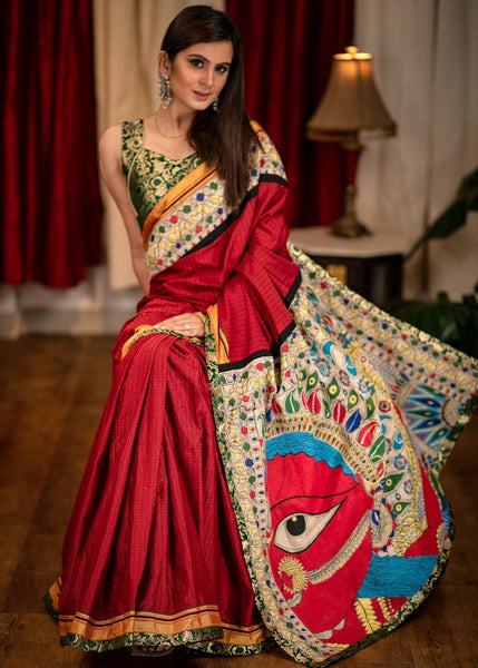 MAROON KHUN SAREE WITH HAND PAINTED MADHUBANI PALLU AND BORDER