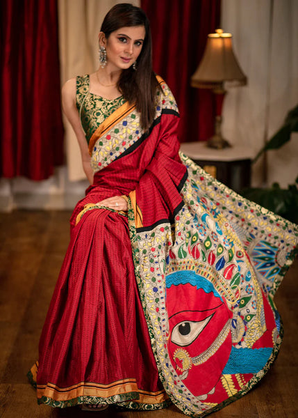 MAROON KHUN SAREE WITH EXCLUSIVE HAND PAINTED MADHUBANI PALLU AND BORDER