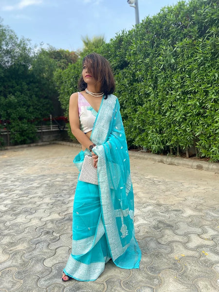 Pure SkyBlue and Silver Handwoven Khaddi Banarasi Chiffon Georgette Saree