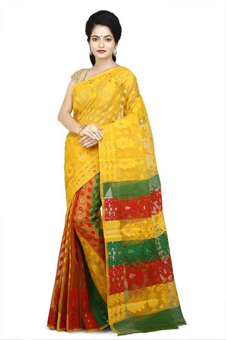 Crome Yellow, Red and Green Ethnic Jamdani Dhakai Saree