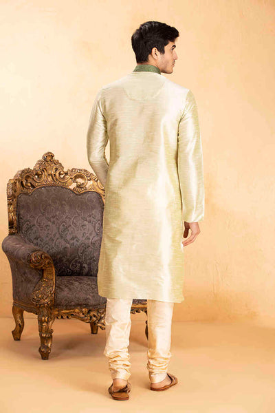 Manyavar Men's Light Green Kurta Churidar Set with Textured Collar