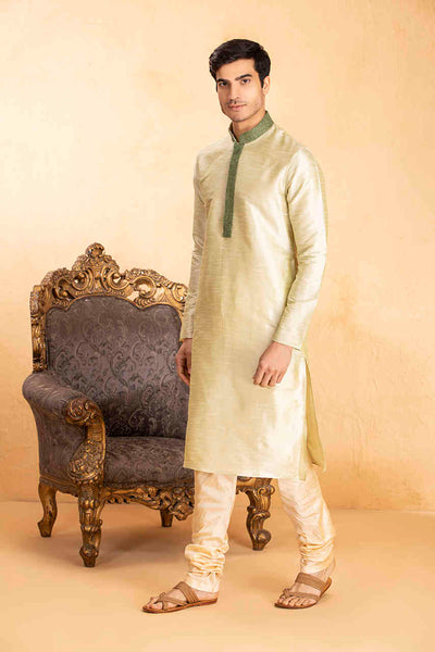 Manyavar Men's Light Green Kurta Churidar Set with Textured Collar