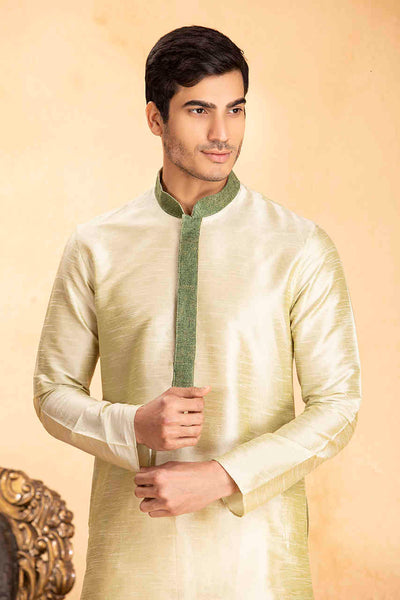 Manyavar Men's Light Green Kurta Churidar Set with Textured Collar