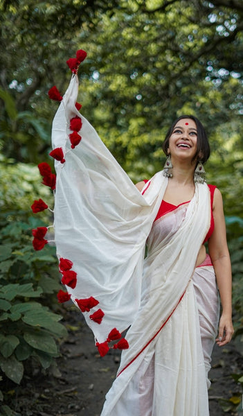 Pure Handloom Mercerised Cotton saree with Gold woven border
