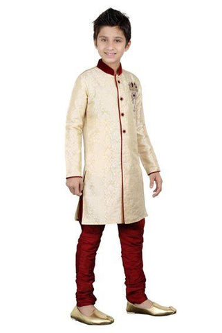 Boys Cream Brocade Kurta Pajama Set