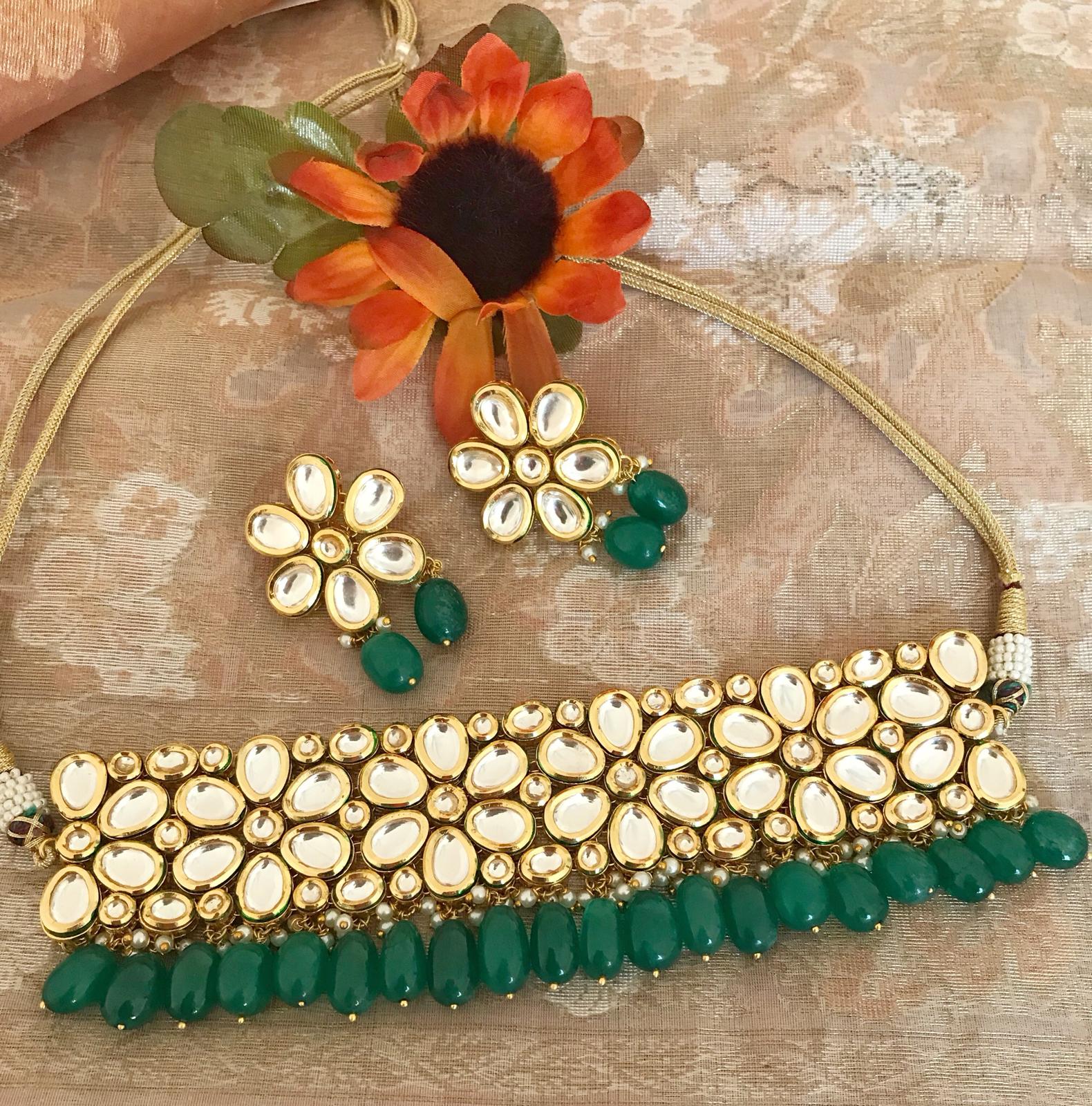 3 Piece with the Finest Quality Kundan Choker Set with Green Beads and Matching Earrings