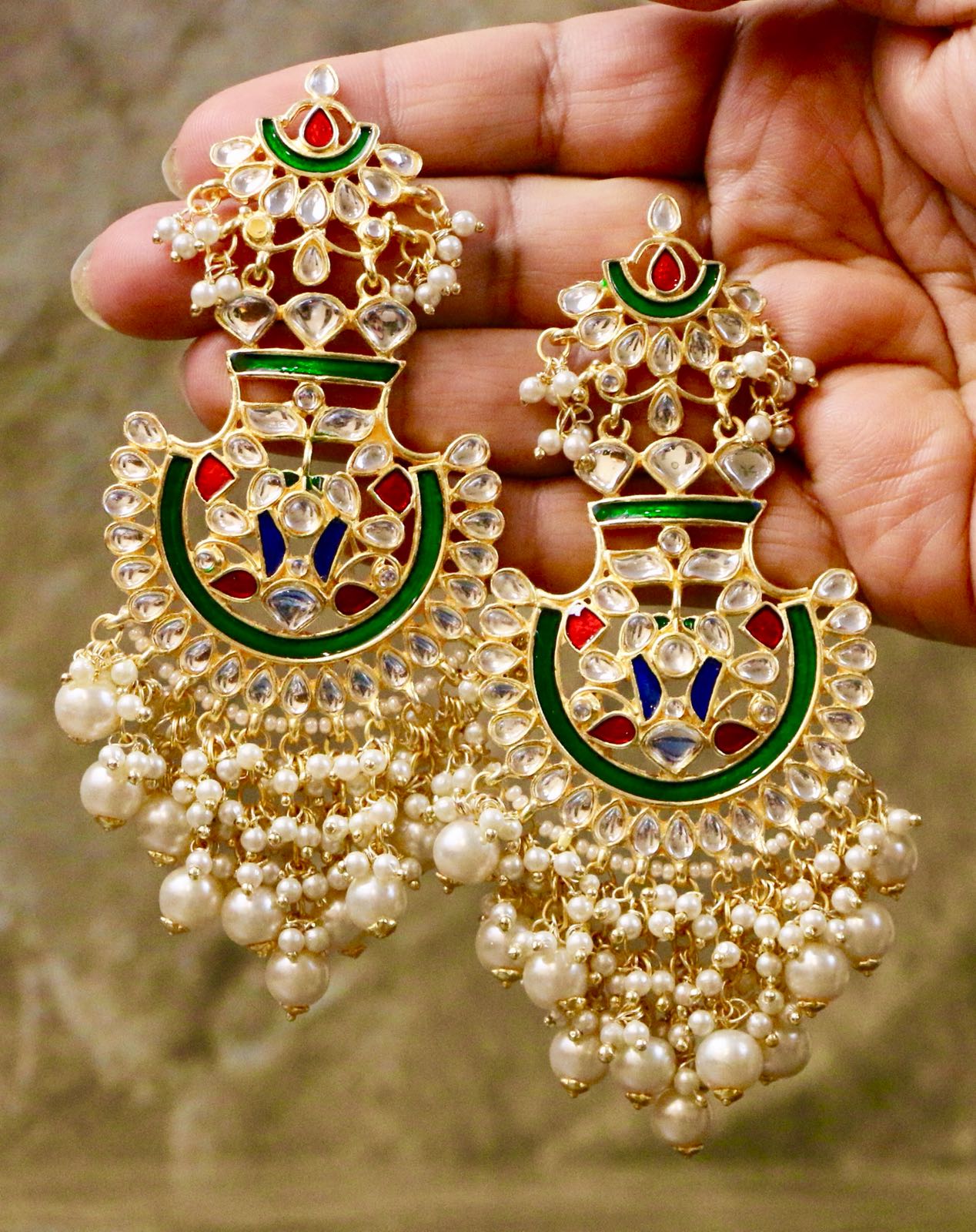 Gold Plated Kundan Enameled Jhumka Earrings with Red & Blue Semi Precious Stones & White Pearls