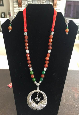 Unique Silver Fish Pendent with Brown & Green Beads & Orange Tassel with Earrings