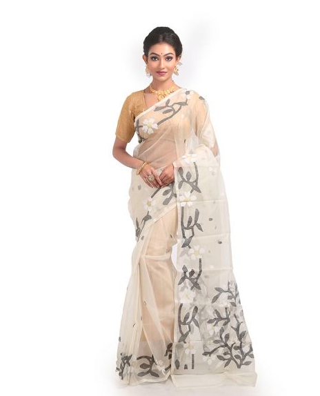 Off White Pure Resham Silk Muslin Jamdani Saree