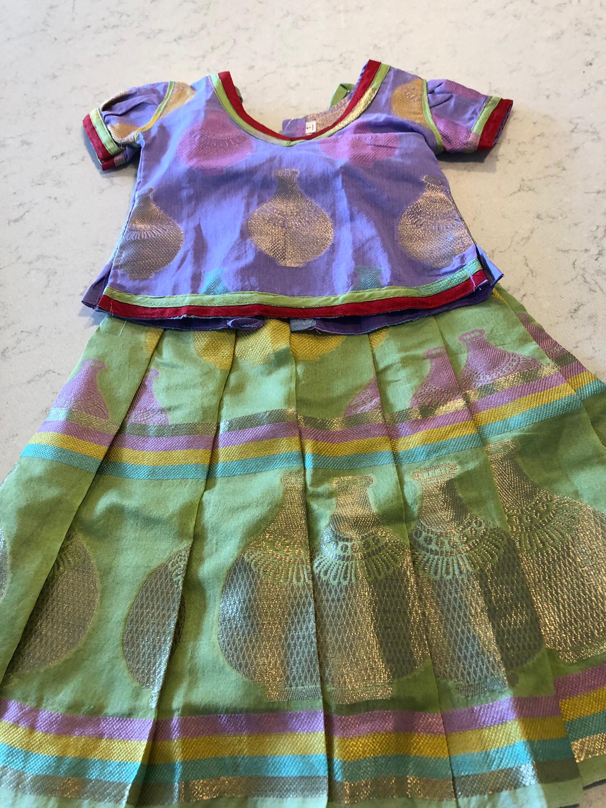 Soft Cotton Pastel Green and Lavendar Pattu Pavadai Girls Set
