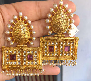 Gold Plated Antique Gold Chandbali Earrings with Pearl & Colored Glass Twist