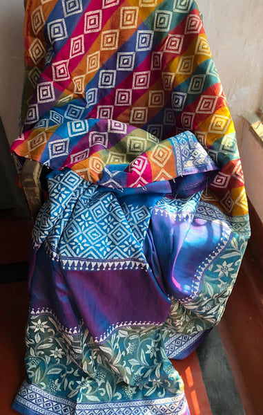 3D Multi Color Kantha Stitched Saree in Pure Bishnupuri Silk Saree