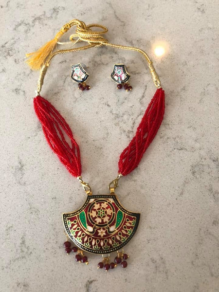 Red Beaded Meenakari Multiple Strand Necklace with Matching Earrings with Dori