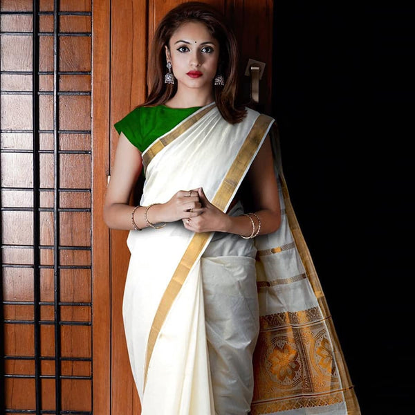 Off White Pure Kerala Kasavu Cotton Saree