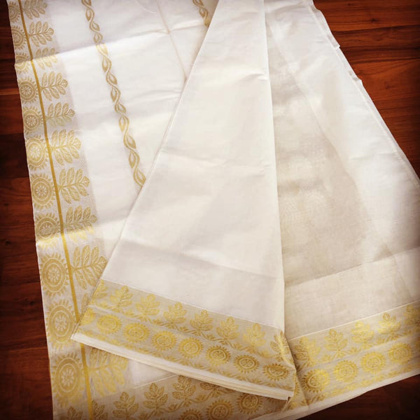 Off White Pure Kerala Kasavu Cotton Saree
