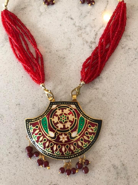 Red Beaded Meenakari Multiple Strand Necklace with Matching Earrings with Dori