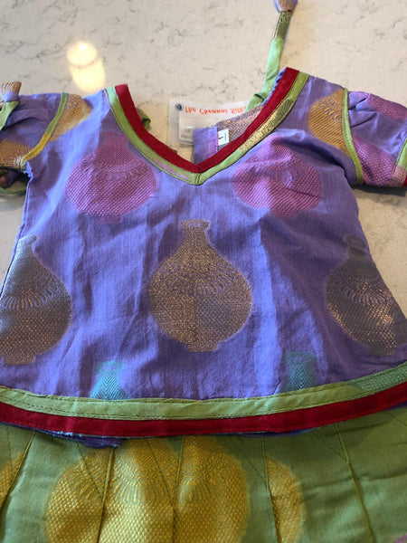 Soft Cotton Pastel Green and Lavendar Pattu Pavadai Girls Set