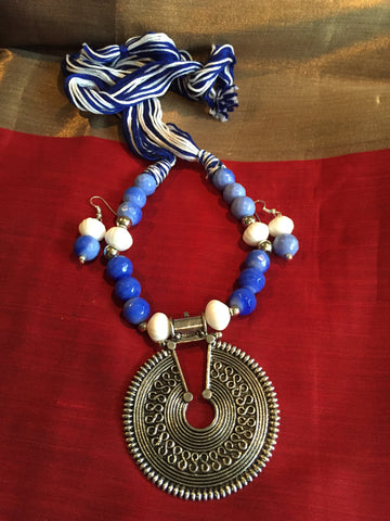 Blue & White Threaded & Beaded Necklace with Matching Earrings