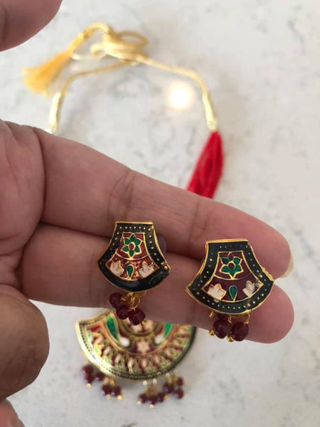 Red Beaded Meenakari Multiple Strand Necklace with Matching Earrings with Dori