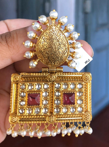 Gold Plated Antique Gold Chandbali Earrings with Pearl & Colored Glass Twist