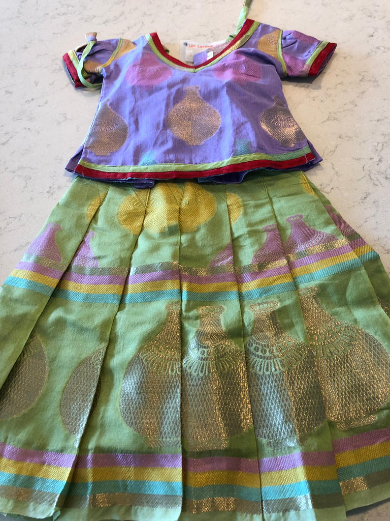 Soft Cotton Pastel Green and Lavendar Pattu Pavadai Girls Set ShopBollyWear.Com