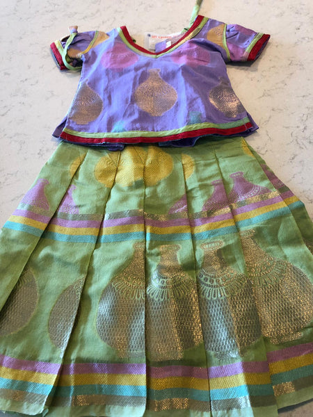 Soft Cotton Pastel Green and Lavendar Pattu Pavadai Girls Set
