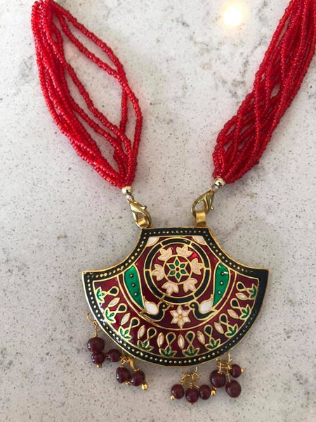 Red Beaded Meenakari Multiple Strand Necklace with Matching Earrings with Dori
