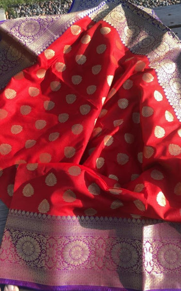 Red Soft Silk Saree with Golden Butta's
