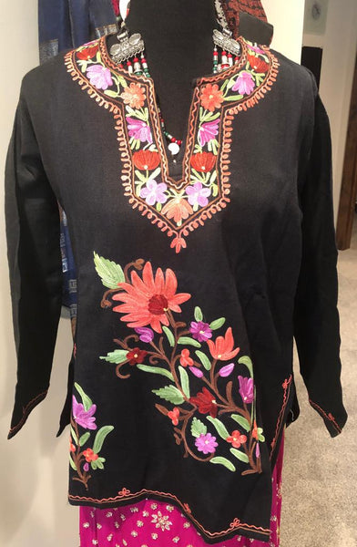 Black and Peach Pure Wool Kashmiri Embroidered Kurti