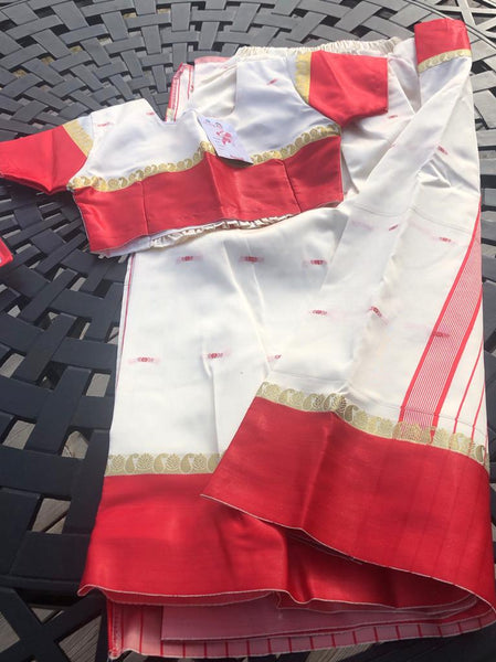 Girls Ethnic White & Red Silk Pre Stitched Saree