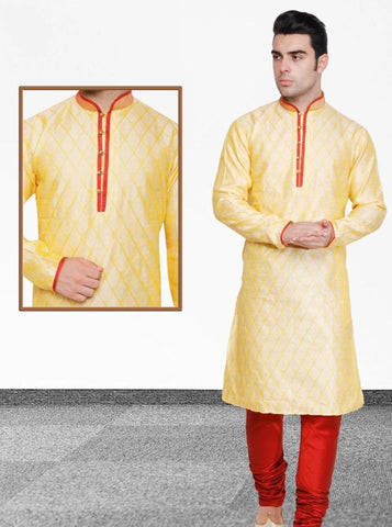 Yellow Colored Dupion Silk Mens Kurta Pajama Set
