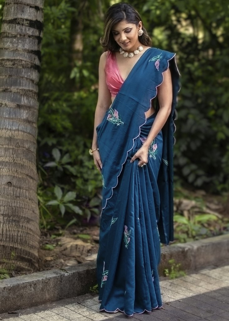 MIDNIGHT BLUE SATIN SAREE WITH EMBROIDERED MOTIFS & SCALLOPS BORDER